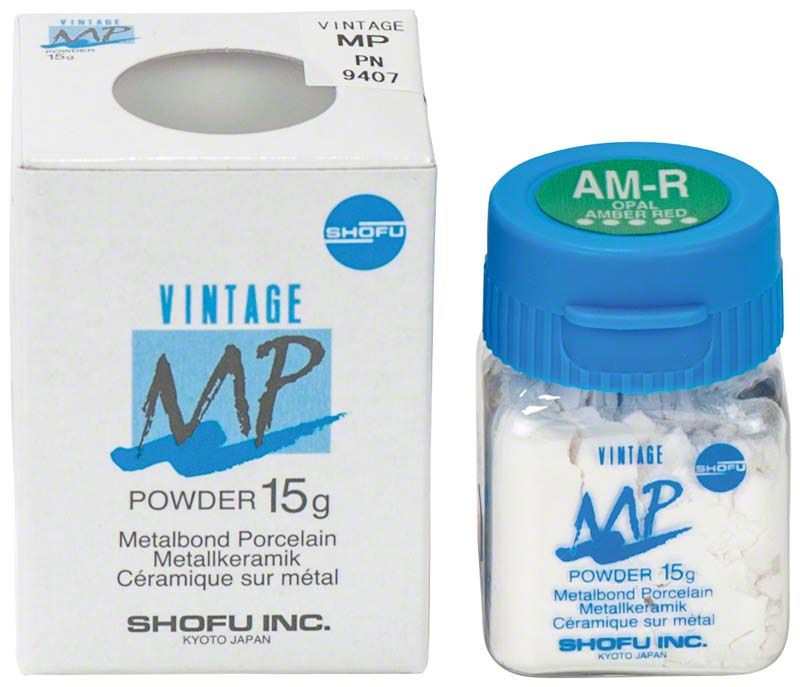 Verpackung und Glasbehälter von VINTAGE MP Opal Effect 15g AM-R Metallkeramik-Pulver.