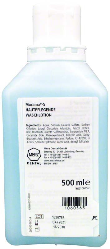 Mucama-S Waschlotion Spenderflasche 500ml mit detaillierter Inhaltsstoffliste auf weißem Etikett.