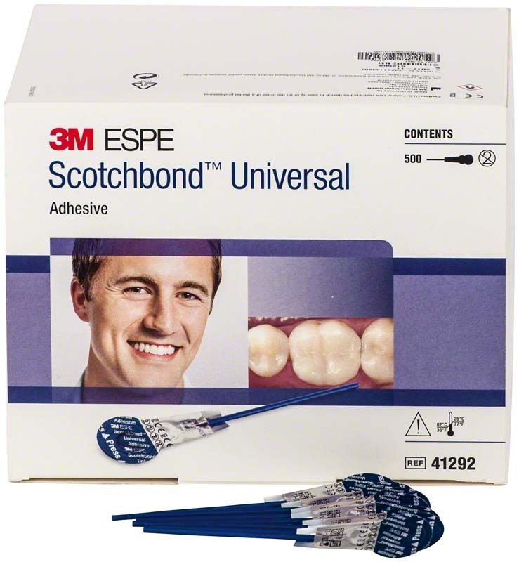 Scotchbond™ Universal Adhäsiv L-Pop Sparpackung mit Verpackung und Produktabbildung.