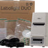 Labolight DUO Set mit Verpackung, Zubehör und Bedienfeldansicht.