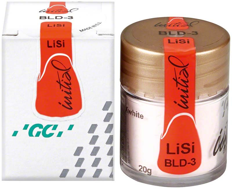 GC Initial LiSi Bleach Dentin BLD-3 Verpackung und Flasche mit rotem Etikett.