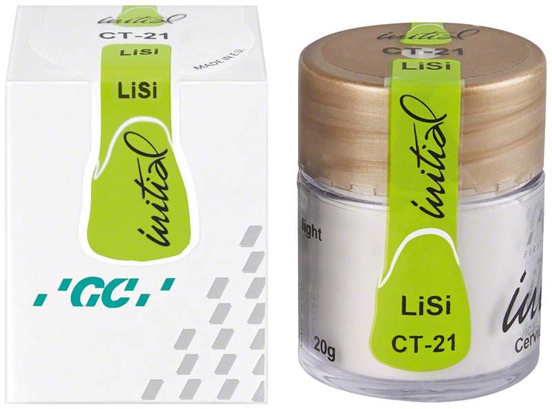 Glasbehälter mit GC Initial LiSi Cervical-Transluzent CT-21 Verpackung.