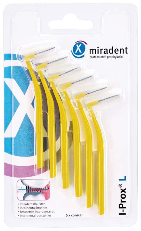 Sechs gelbe I-Prox® L Interdentalbürsten in Originalverpackung.