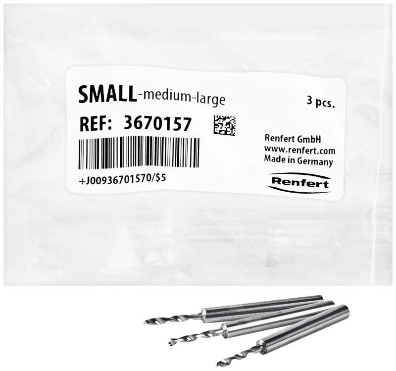 Verpackung des Smart-Pinbohrer Ø 1,57mm mit drei Bohrern und Etikett.