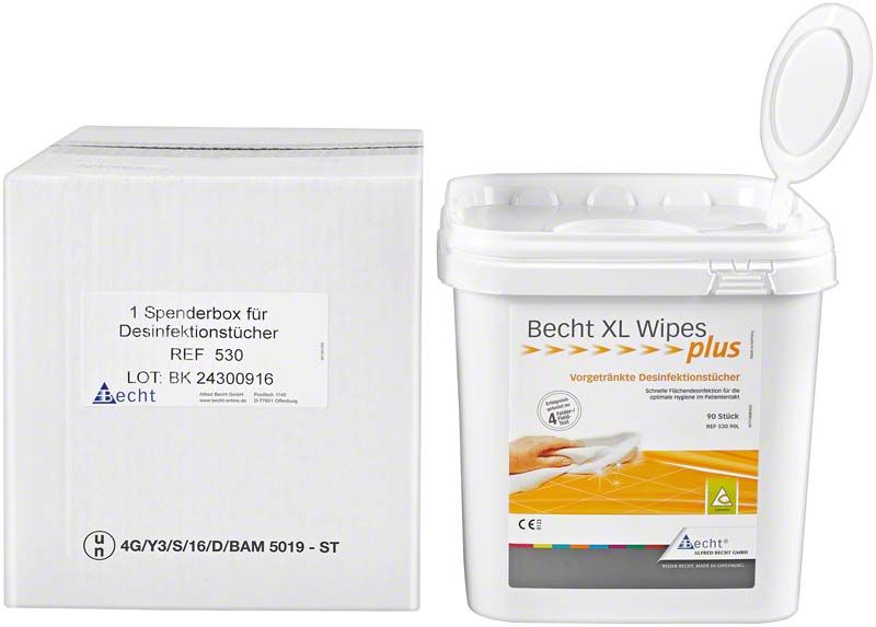 Spenderbox für Becht XL Wipes plus mit offenem Deckel.