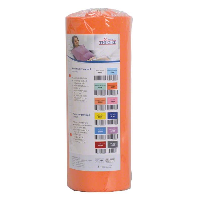 Patienten-Umhang Nr.3 comfort dunkel-orange in Verpackung mit Produktinformationen.