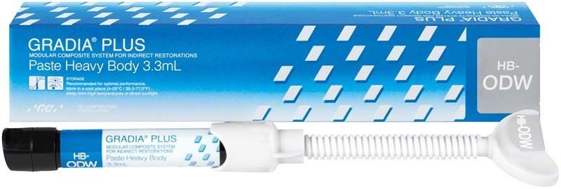 GRADIA® PLUS Paste Heavy Body HB-ODW in Spritze und Verpackung.