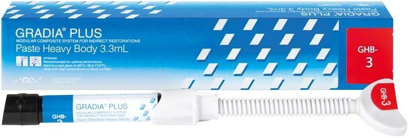GRADIA® PLUS Paste Heavy Body GHB-3 in blauer Verpackung mit Applikator.