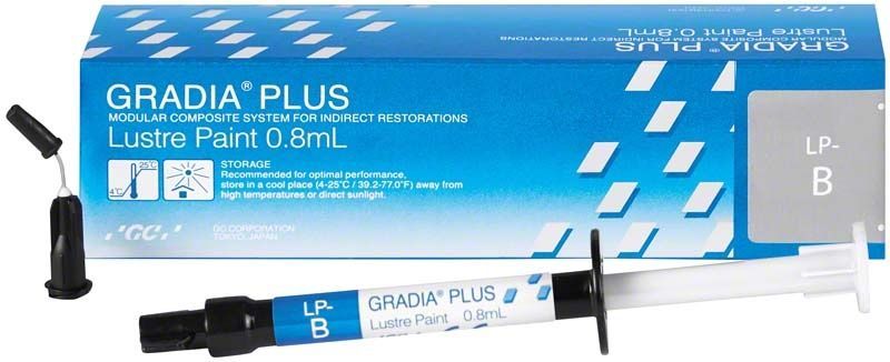 Spritze mit GRADIA® PLUS Lustre Paint LP-B und Verpackung.