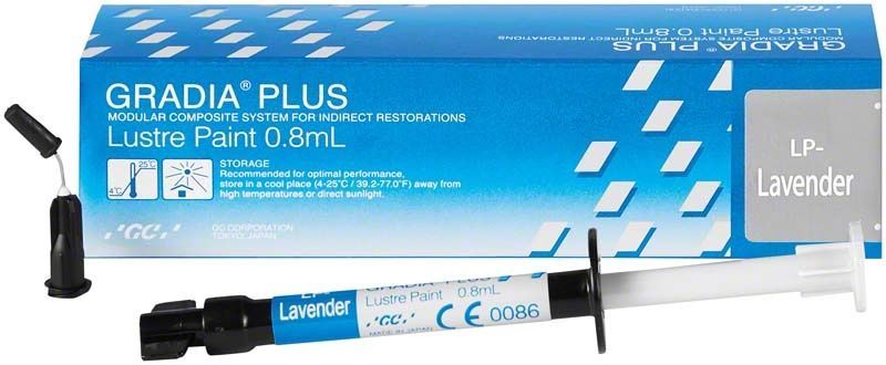 GRADIA® PLUS Lustre Paint LP-Lavendel, 0,8 mL Spritze und Verpackung.