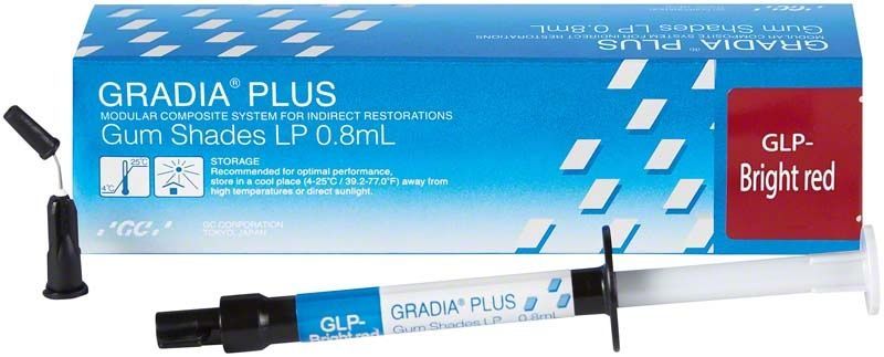 Spritze mit GRADIA® PLUS Lustre Paint GLP-hellrot vor Verpackung.