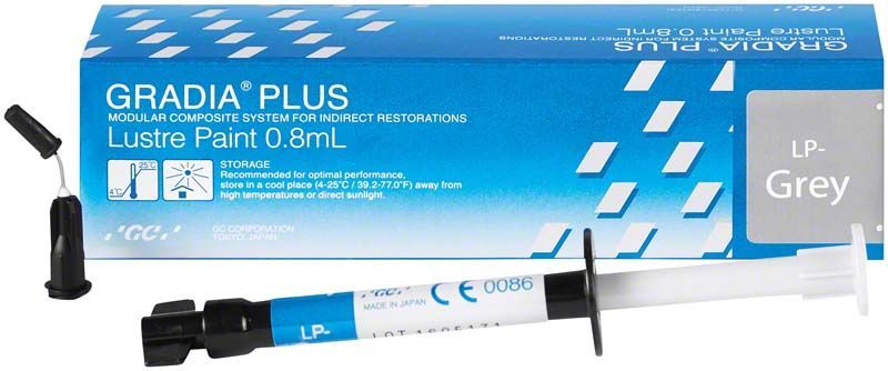 GRADIA® PLUS Lustre Paint LP-grau in Spritze mit Verpackung im Hintergrund.