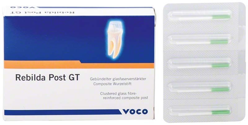 Rebilda Post GT Verpackung mit grünen glasfaserverstärkten Wurzelstiften.
