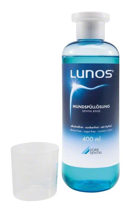 Lunos Mundspüllösung 0,4 Liter Flasche mit Messbecher, alkoholfrei.