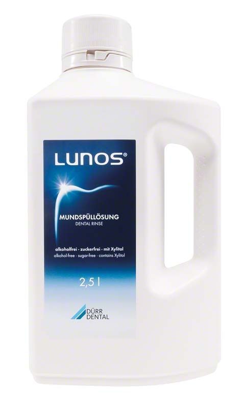 Lunos® Mundspüllösung 2,5 Liter Flasche mit Etikett und Griff.