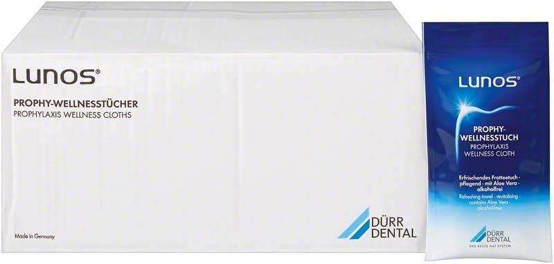 Lunos Prophy-Wellnesstuch Verpackung mit einzelnem Tuch, Dürr Dental Logo.