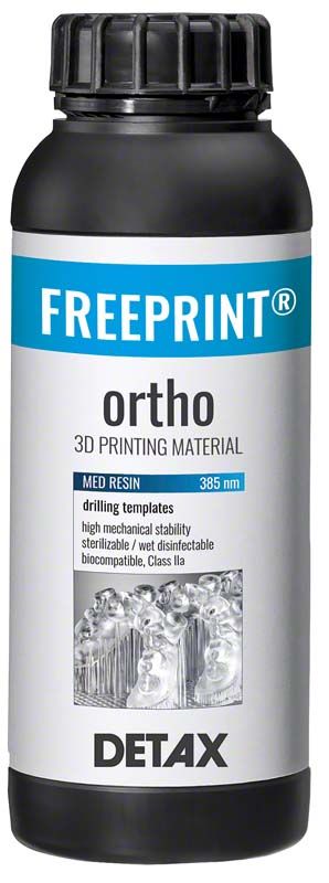 Schwarze Flasche mit Aufdruck "FREEPRINT® ortho 3D PRINTING MATERIAL" und blauer Etikettenleiste.
