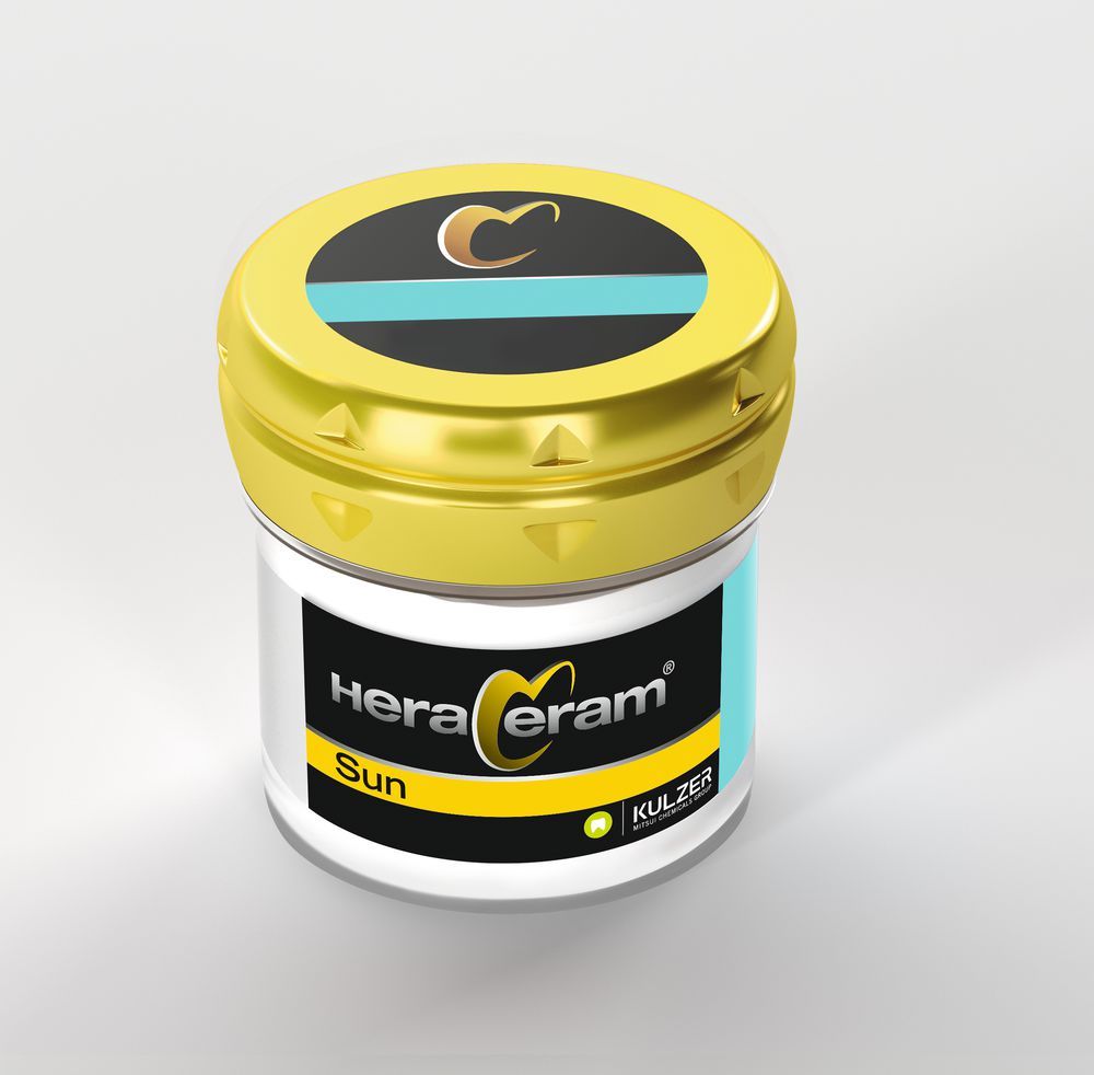 HeraCeram® Sun Opalschneide 100g OS1 im weißen Behälter mit gelbem Deckel.