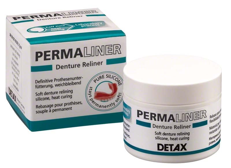 Permaliner Prothesenfütterung in Verpackung mit Cremebehälter, Detax-Logo sichtbar.