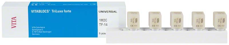 VITABLOCS® TriLuxe forte Zahnblöcke in Verpackung, Modell TF-14 1M2C.