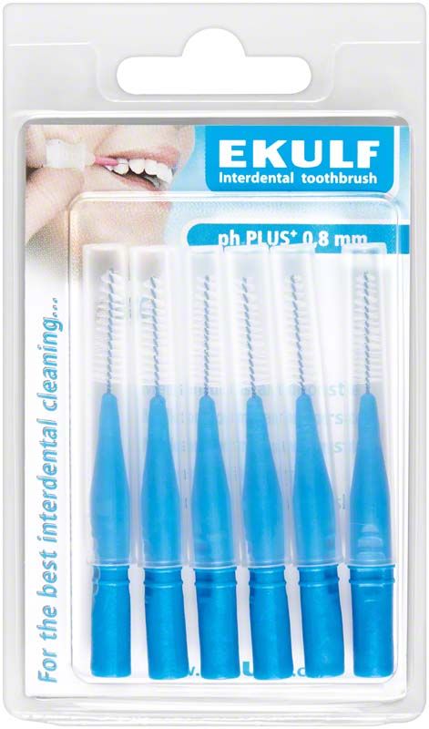 EKULF Interdentalbürsten ph PLUS blau, 0,8mm in transparenter Verpackung.