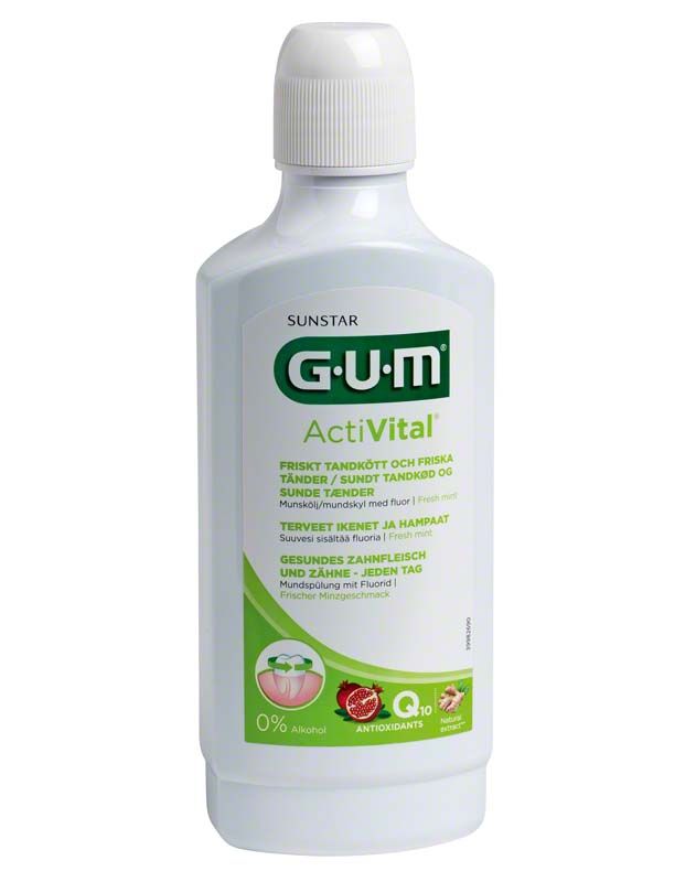 GUM ActiVital Mundspülung 500ml mit grünem Etikett und weißer Flasche.