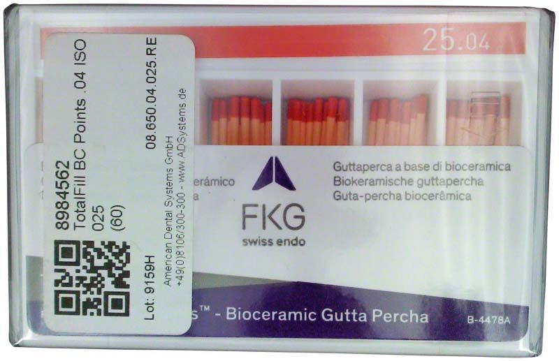 Biokeramische Guttapercha-Stifte TotalFill BC Points Taper .04 Iso 020 in Verpackung.
