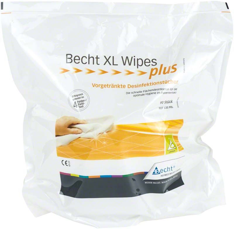 Becht XL Wipes plus Verpackung mit Desinfektionstüchern für alkoholbeständige Oberflächen.