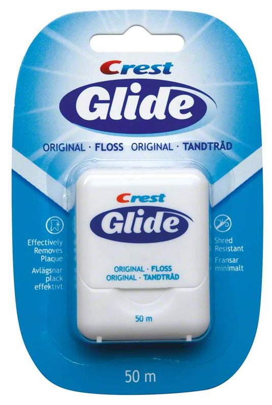 Glide FLOSS Zahnseide 50 m Packung von Crest mit Plaque-Entfernungsversprechen.