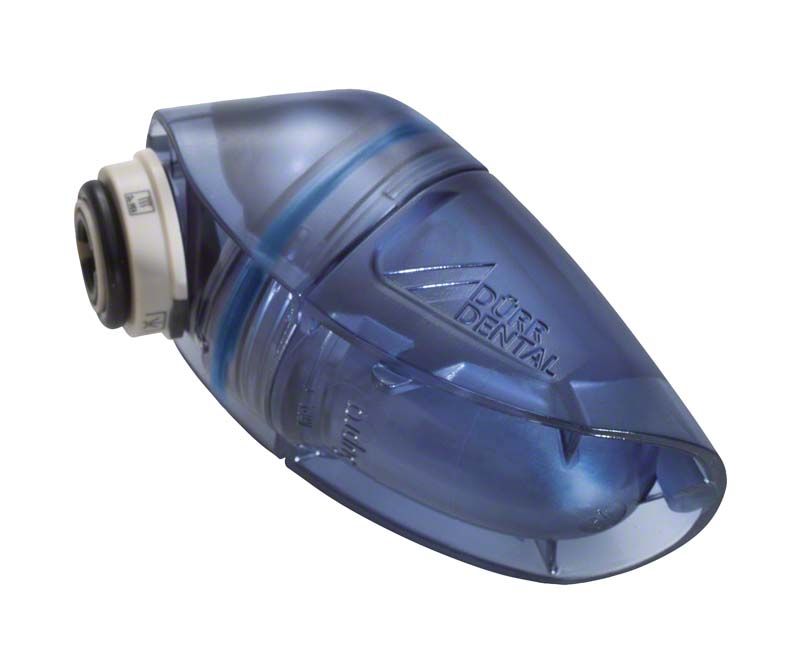 Blauer MyLUNOS® Pulverbehälter für Dentalanwendungen, seitliche Produktansicht.