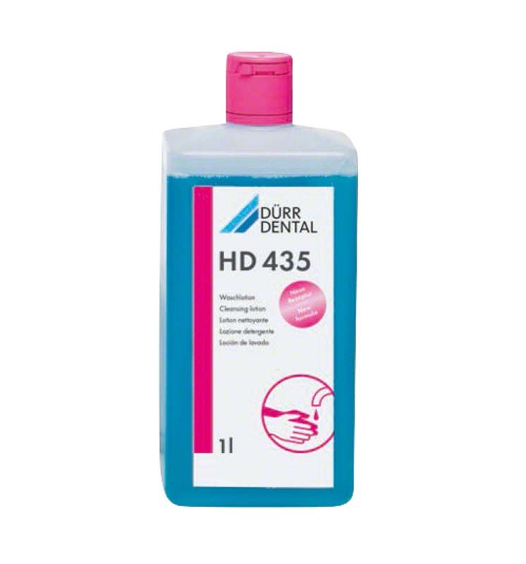 HD 435 Waschlotion Flasche 1 Liter mit blauem Inhalt und rotem Deckel.