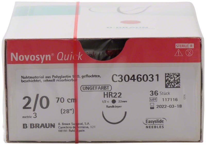 Novosyn® QUICK chirurgisches Nahtmaterial 2/0 HR22, 70 cm, ungefarbt, 36 Stück.