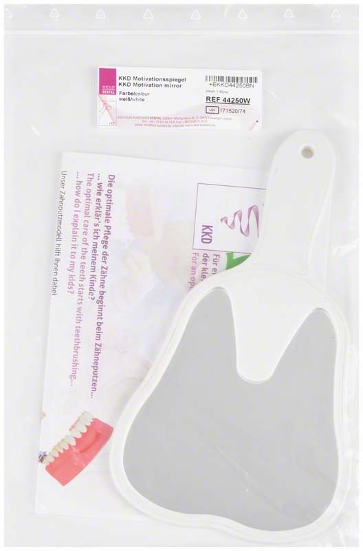 Handspiegel in Zahnform für Kinderprophylaxe, weißer Kunststoff.