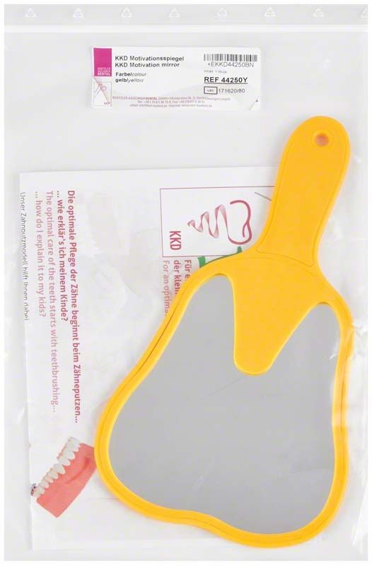 Gelber KKD® Kids Motivationsspiegel in Form eines Zahns.