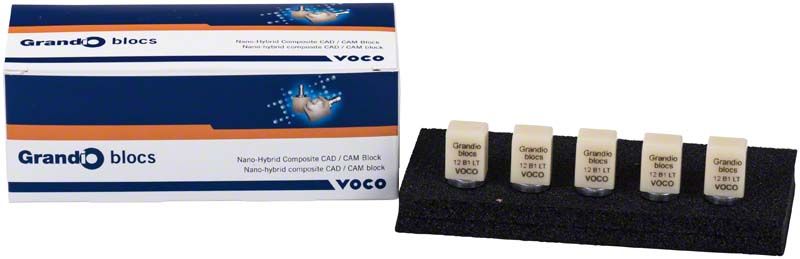 Grandio® blocs LT Gr. 12 B1 Nano-Hybrid-Composite CAD/CAM-Blöcke in Verpackung.