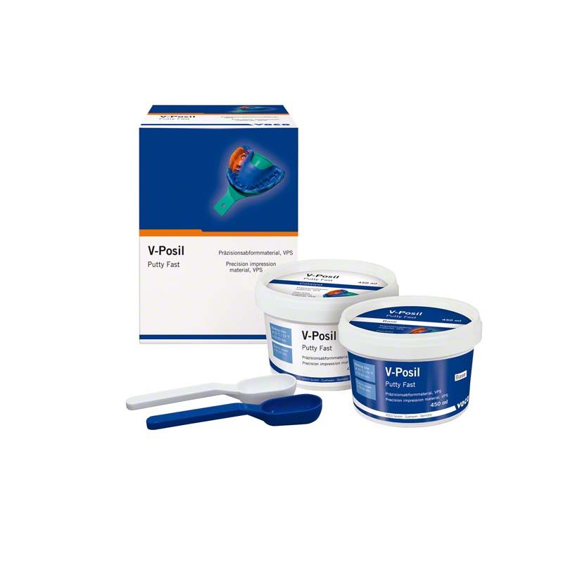 V-Posil Putty Fast Abdrucksilikon mit zwei Dosen und Dosierlöffel.