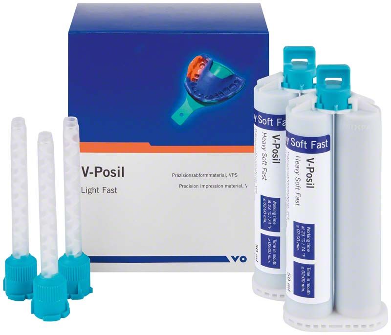 V-Posil Heavy Soft Fast Abformsilikon mit Zubehör auf weißem Hintergrund.