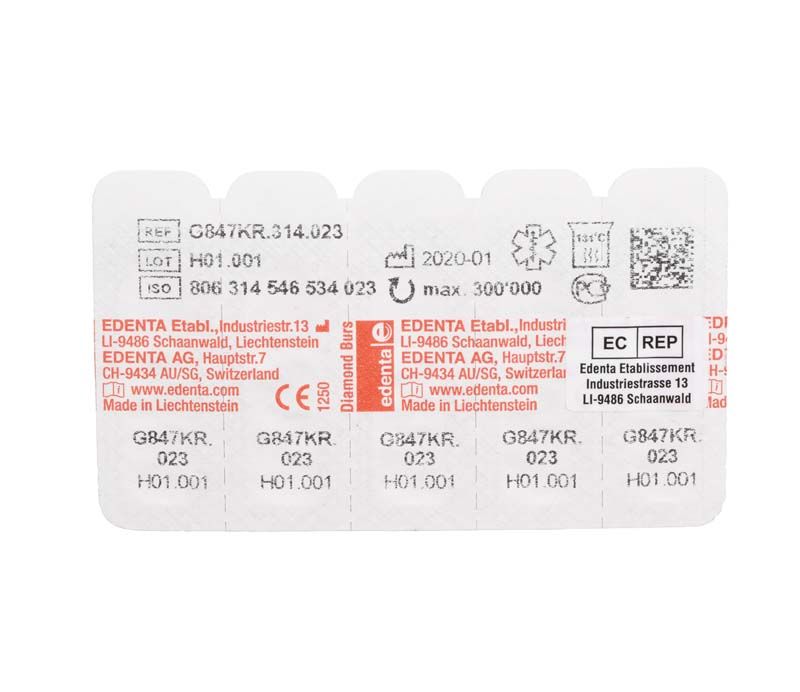 Blisterverpackung der Diamant FG G847KR 023 Dentalinstrumente mit Produktdetails.