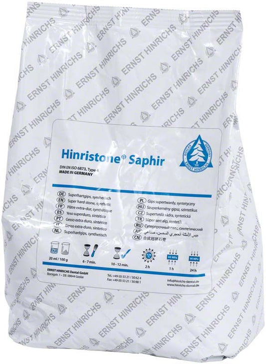 Hinristone® Saphir Superhartgips 5kg Beutel mit Produktinformationen.