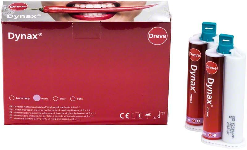 Dynax® mono Doppelkartuschen-Set mit 8 x 50ml Inhalt, Verpackung und Kartuschen.
