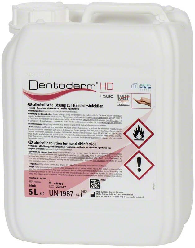 Dentoderm® HD Händedesinfektionsmittel Kanister 5 Liter mit Etikett und Warnsymbolen.