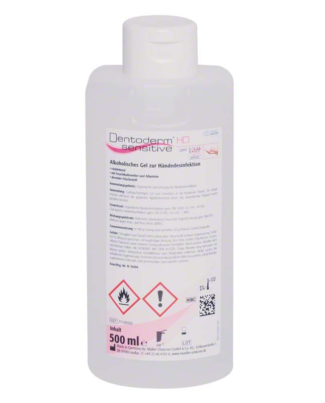 Dentoderm® sensitive HD Desinfektionsgel Eurospenderflasche, 500 ml, mit Sicherheitsinformationen.