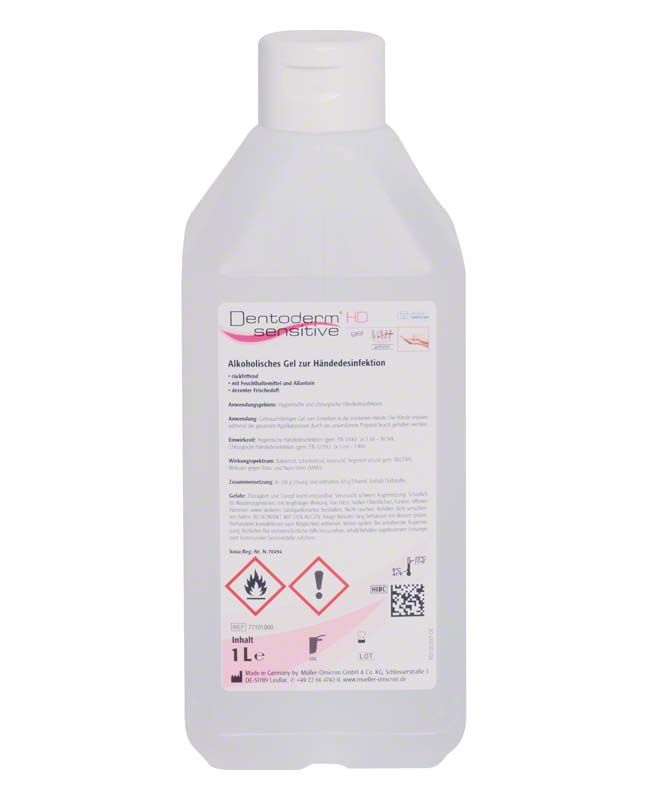 Dentoderm® sensitive HD Desinfektionsgel Eurospenderflasche 1 Liter mit Etikett.
