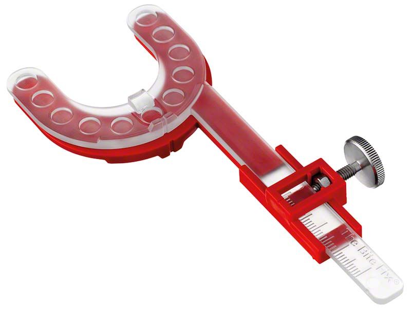 Bite Fix Bissregistrierung Kit mit mm-Skala und Verstellschraube in Rot.