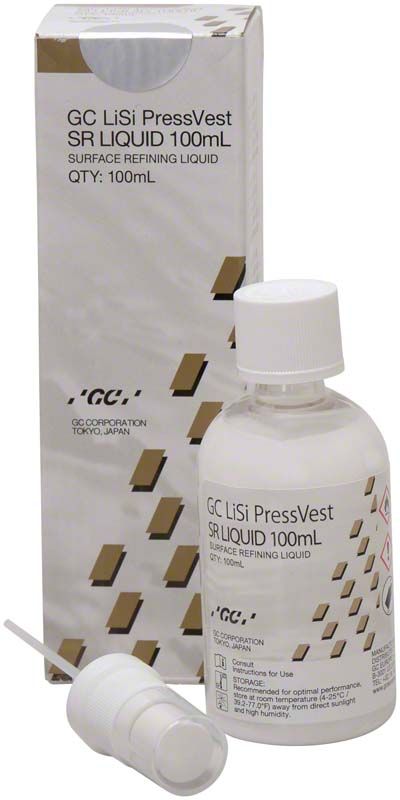 GC LiSi PressVest SR Flüssigkeit 100ml mit Verpackung und Dosieraufsatz.