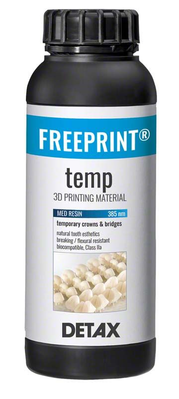 Schwarze Flasche FREEPRINT® temp 385 3D-Druckmaterial für Zahnkronen.