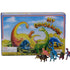 Dinosaurier-Spielfiguren-Set vor Verpackung mit bunter Dinosaurier-Illustration.