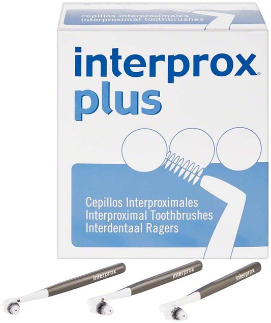 Interprox® plus Box X-maxi grau mit drei grauen Interdentalbürsten.