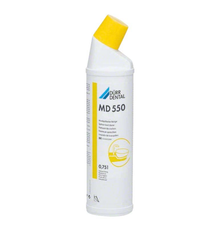 MD 550 Mundspülbeckenreiniger-Flasche mit gelbem Verschluss und Etikett.