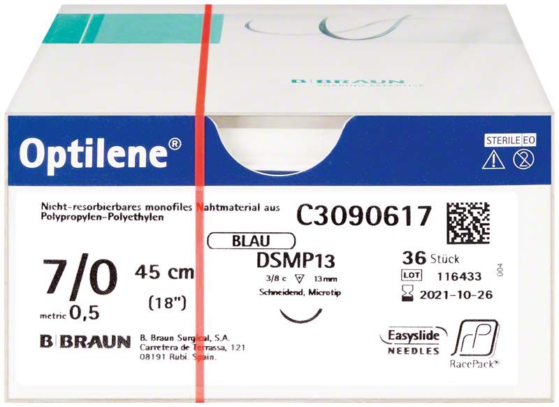 Nicht-resorbierbares monofiles Nahtmaterial Optilene® 7/0, 45cm, DSMP13, sterile Verpackung.